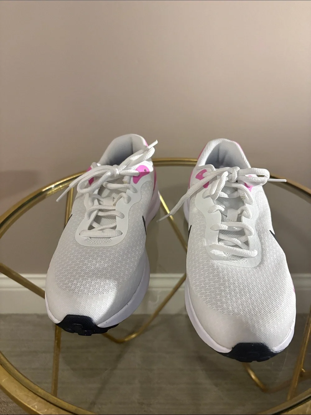Nike Kids White and Pink Sneakers with Navy Swoosh